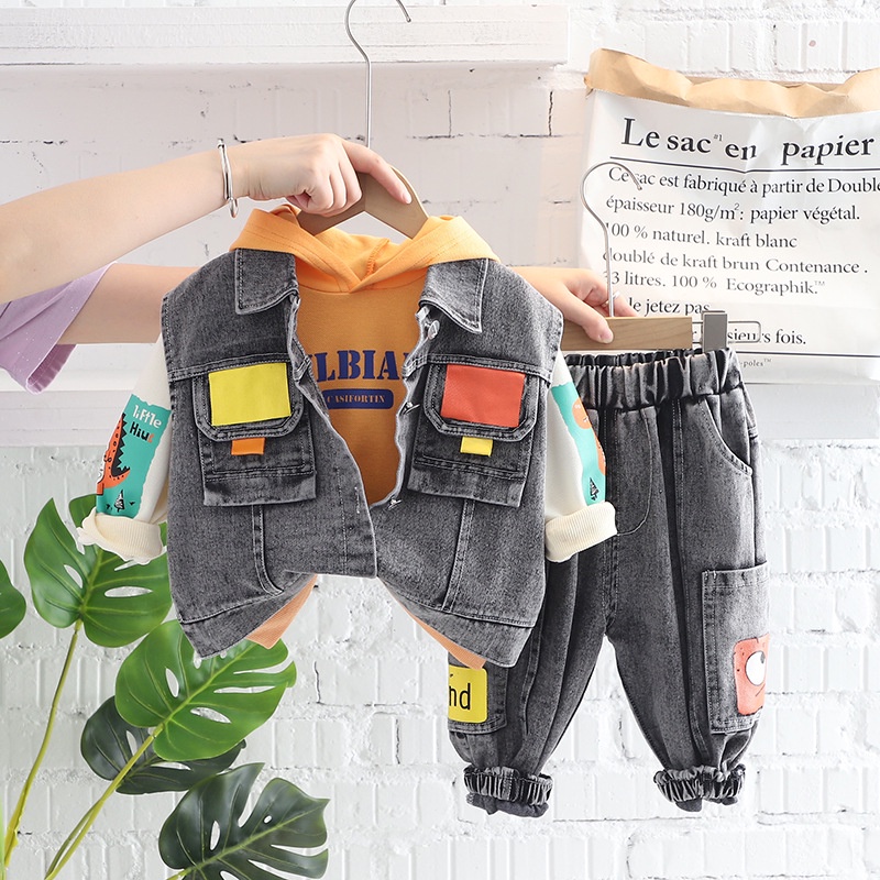 Setelan Anak Laki Laki Import 3pcs Pakaian Set Anak Rompi Jeans Hoodie Sweater Celana Jeans Import