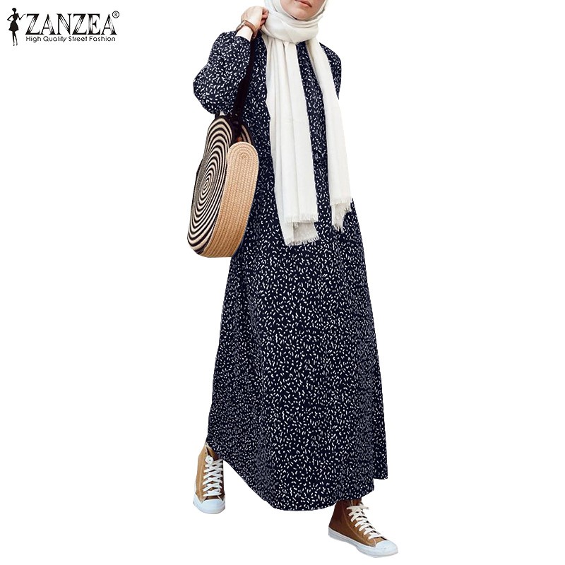 ZANZEA Women Elastic Cuffs Casual Dot Printing Muslim Maxi Dress