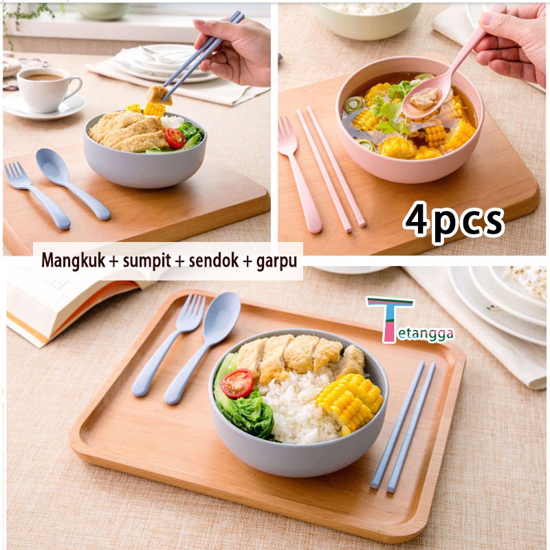 4pcs Mangkok Wheat Straw/Mangkuk Makan Bowl Set Mangkok Makan Set Isi  Cutlery Set Gandum Anak