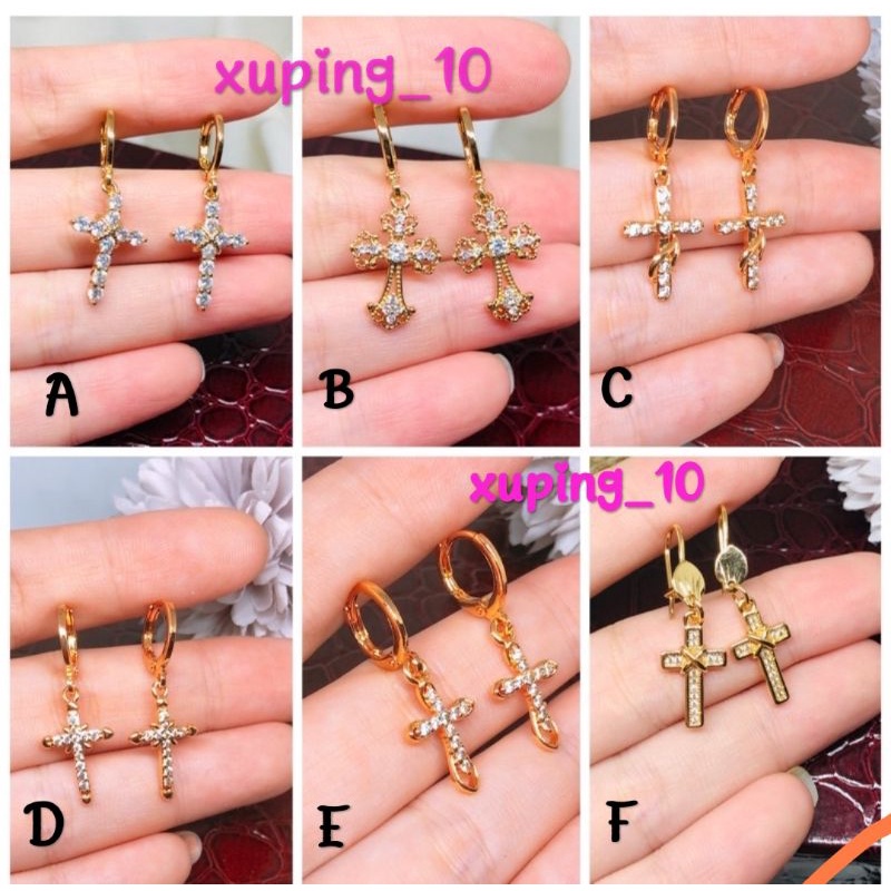 Anting salib jepit permata Emas Xuping