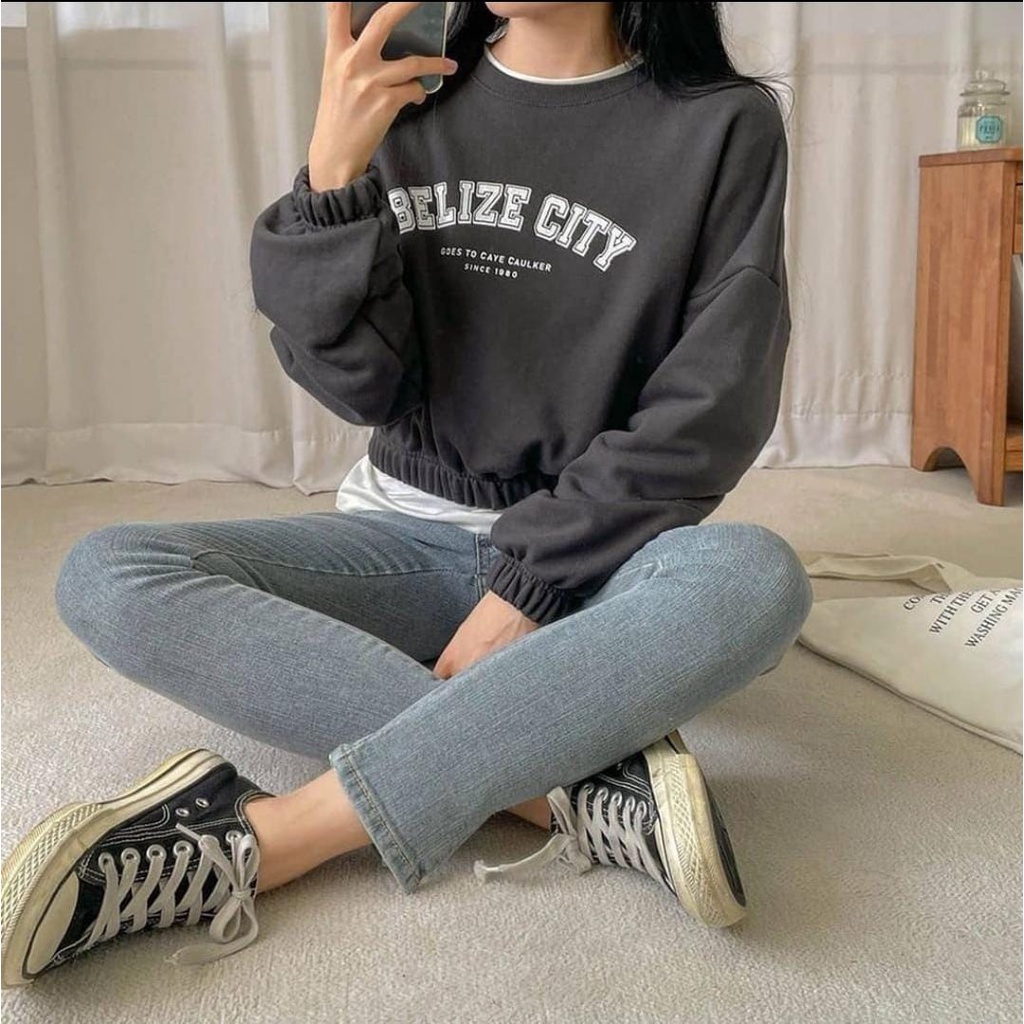 BELIZE CITY CROP OVERSIZE SWEATER WANITA - CREWNECK TEBAL KEKINIAN PREMIUM