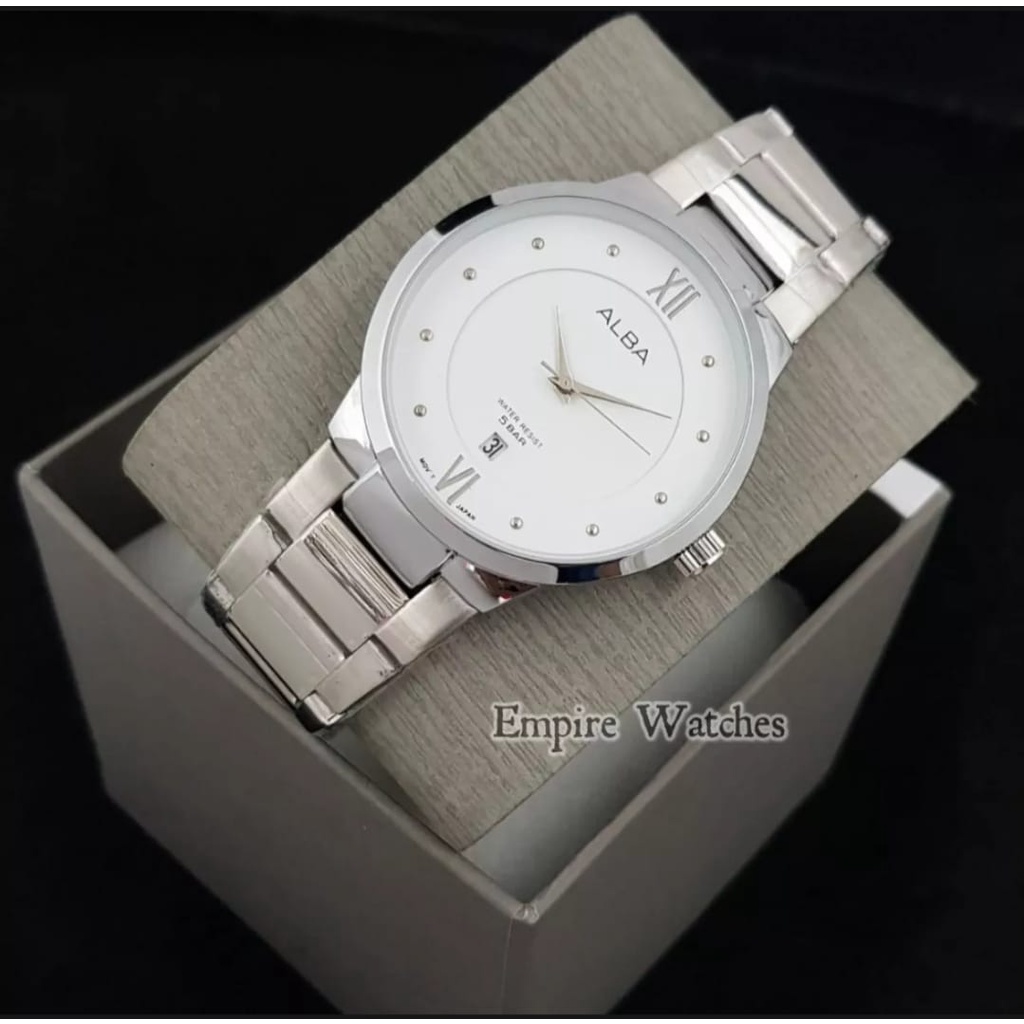 PROMOJam Tangan Alba 4D1741 Pria Cowok Analog Tanggal Aktif Rantai Stainless