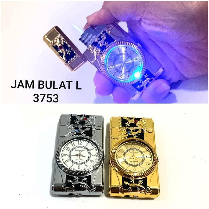 PROMO KOREK API GAS JAM BULAT 3753 KOREK JAM LAMPU MANCIS LAS LIGHTER UNIK - Silver