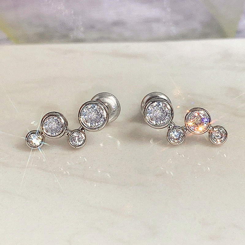 Anting Stud Bentuk Kunci Bulat Bahan Cubic Zirconia Warna Silver Gaya Minimalis Untuk Wanita