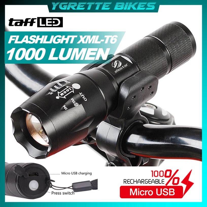 YGRETTE - TaffLED Senter LED SEPEDA Bicycle Flashlight senter Tactical USB Rechargable Flashlight Zoomable XML-T6 10000 Lumens