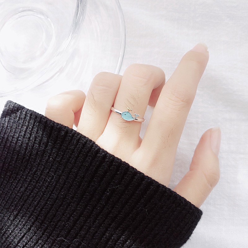 Cincin Model Terbuka Desain Ikan Paus Biru Gaya Korea untuk Wanita