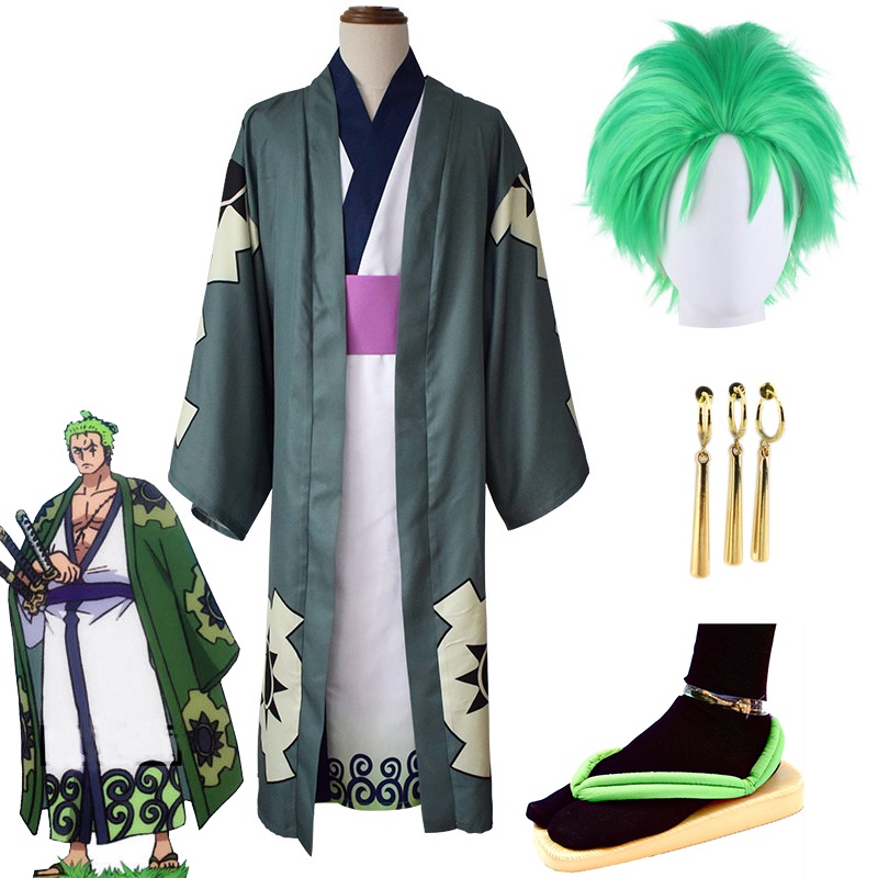 Anime Roronoa Zoro Cosplay Costume  Green Wig Gold Earrings Shoes Halloween Costume