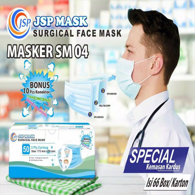 SM 04 Masker 3PLY isi 50 PC FREE 10 KONEKTOR (Masker Hijab) JSP MASK SURGICAL FACE MASK