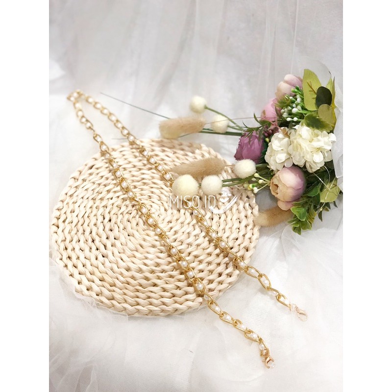 TALI MASKER RANTAI GOLD MIX MUTIARA / kalung masker rantai mutiara