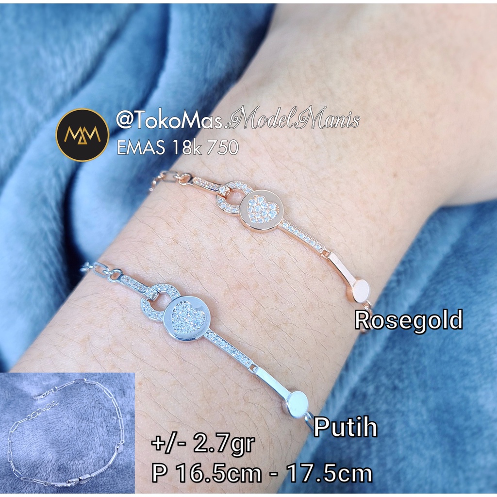 Gelang Paper Clip plat love emas putih rosegold 750 kadar 18k