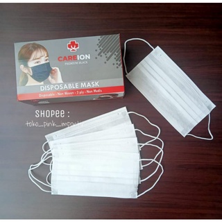 MASKER DISPOSABLE EARLOOP ONECARE CAREION HITAM BLACK PUTIH 3PLY ABU GREY 3PLY TEBAL ISI 50 PAKE WITH BOX