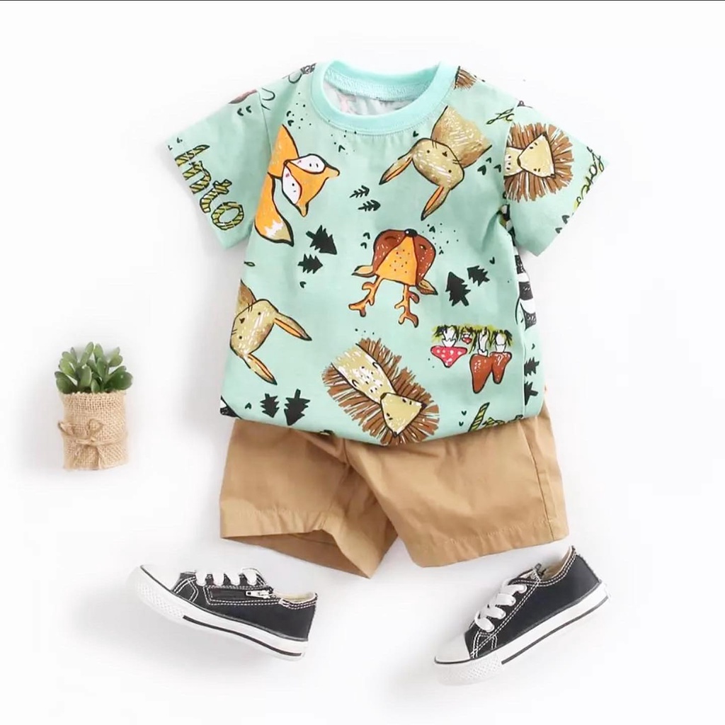 BERSERTIFIKASI SNI FOREST ANIMAL CHINOS SET / Whale Chinos Baju Setelan Kaos Celana Pergi Jalan Lucu Fashion Anak Bayi Cowok Laki Terlaris Lucu