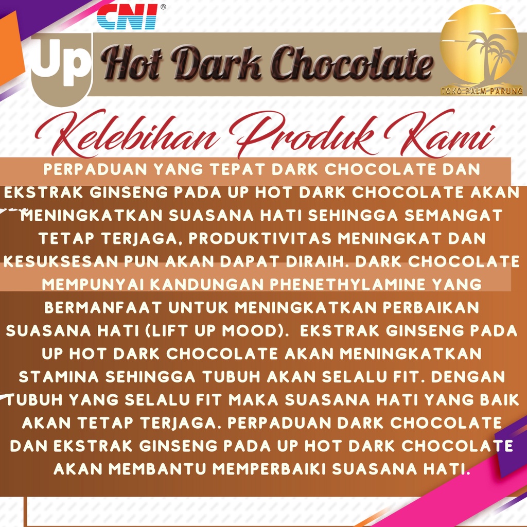 CNI UP Hot Dark Chocolate Minuman Coklat Sehat Nikmat Stamina Terjaga Selalu 15 Sachet X 25gr