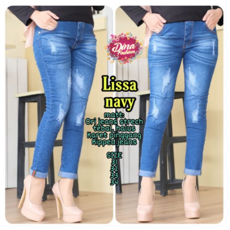 Lissa jeans sobek tidak tembus bahan melar pinggang karet [TNTI]