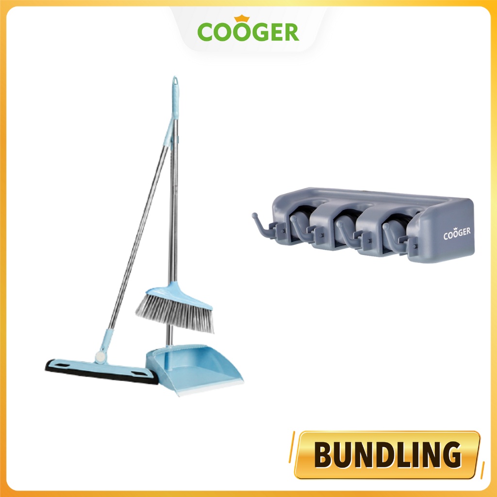 COOGER Special Bundle Set Sapu Lantai 2in1/3in1 Alat Pembersih Rumah Tangga Set Sapu Pengki dan Pel Karet Broom Set With Rubber Wiper Warna Biru + Gantungan sapu dan pel 3 klip dengan Empat kait - Holder Serbaguna-3in1+holder