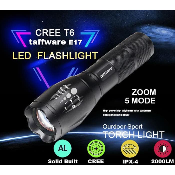 BO17 Senter LED TaffWare E17 Cree XML T6 Police SWAT Lampu Camping