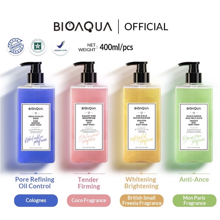 BIOAQUA 24K Gold Perfume Body Wash Sabun Mandi Cair Kecantikan 400ml Long Lasting Fragrance English Pear &amp; Freesia Scent Anti Acne Brightening Moisturizing Smooth Skin READY COD ORIGINAL BPOM