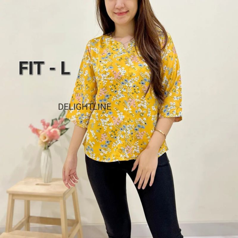 SHERATON LENGAN 3/4 V NECK WHITE BLOUSE /BUNGA SAKURA KYOTO FLOWER - DELIGHTLINE ATASAN VNECK WANITA-Fit L -GARDEN YELLOW