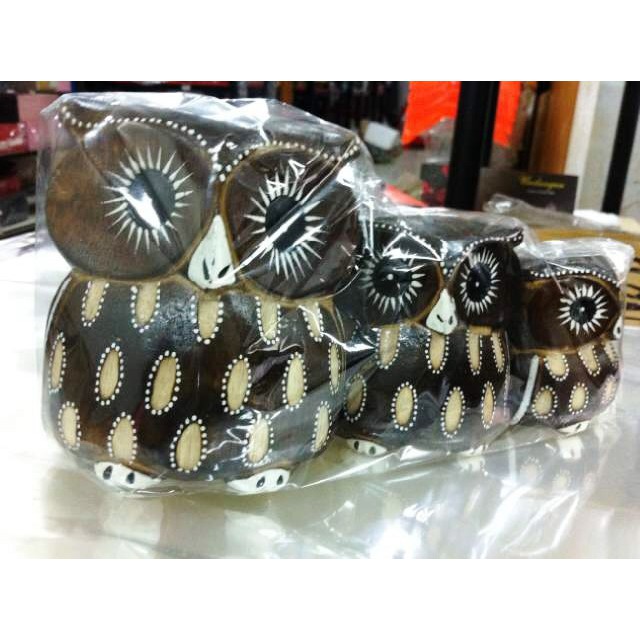 Pajangan patung burung owl kayu 1set isi 3pcs