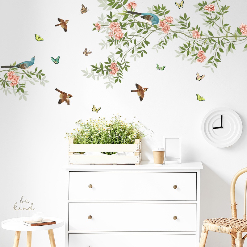 2pcs / set Stiker Dinding Desain Ranting Burung Bunga Butterfly Pohon Daun Untuk Dekorasi Kamar Tidur Anak