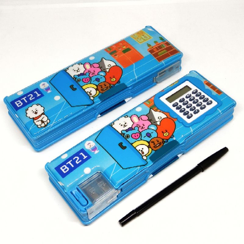 Tempat pensil anak Kalkulator 2 Sisi + 2 Rautan Magnet BTS BT21