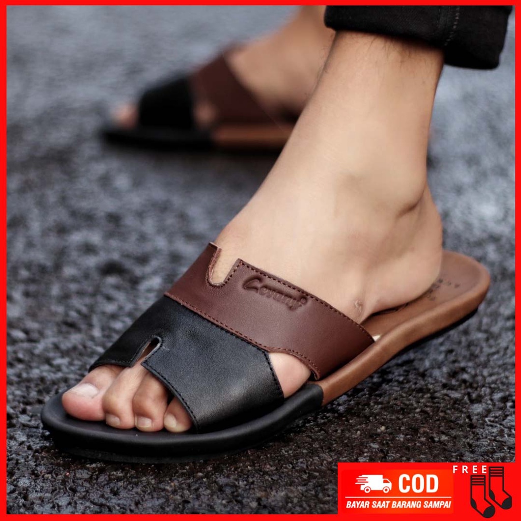 MOLK|Sandal Kulit Pria Selop Casual Kasual Brown Black Combi Sendal Slop Santai Murah Cowok