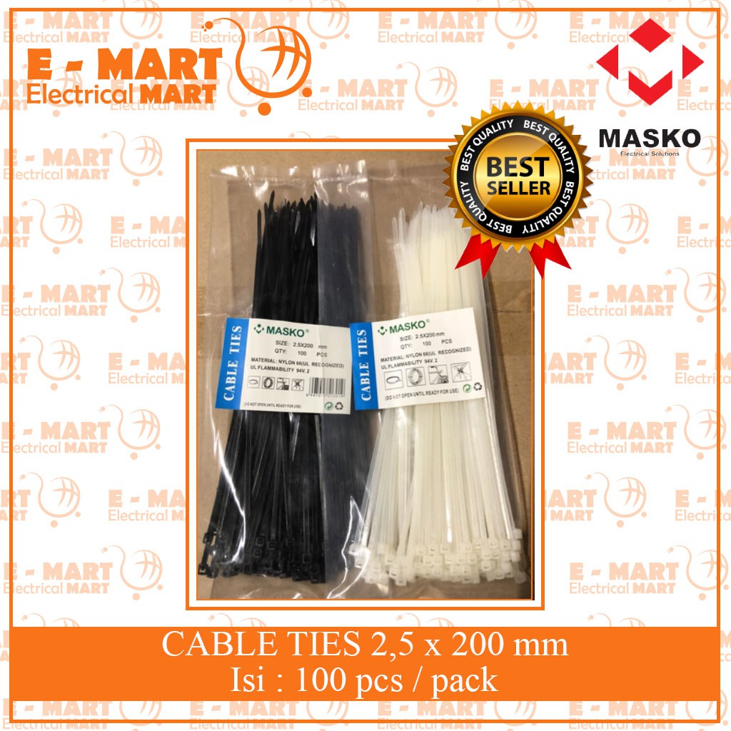 MASKO KABEL TIES 200 x 2.5MM PUTIH HITAM 100PCS NYLON SABUK KABEL TIES 20 CM WHITE BLACK [GROSIR]