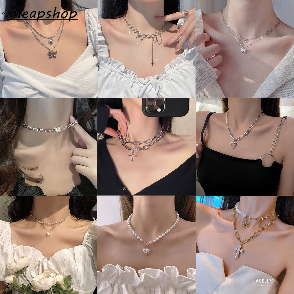 IFYOU Kalung Rantai Choker Desain Kupu-Kupu Hati Aksen Mutiara Warna Silver Gaya Korea Untuk Wanita