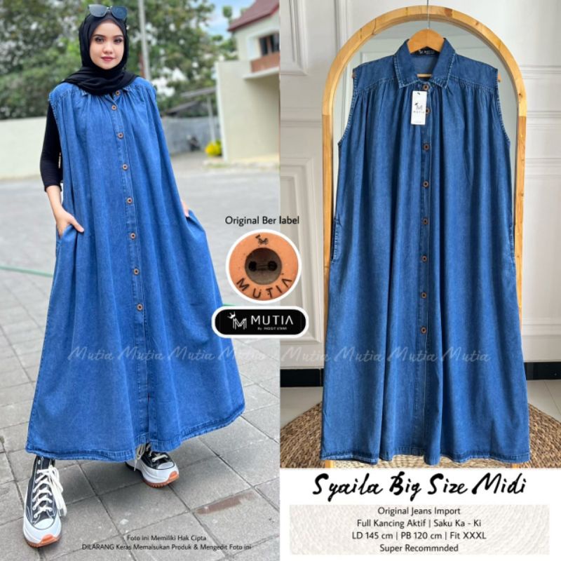 SYAILA BIG SIZE MIDI BY MUTIA (DRESS JEANS JUMBO MUSLIMAH) Midi jeans wanita