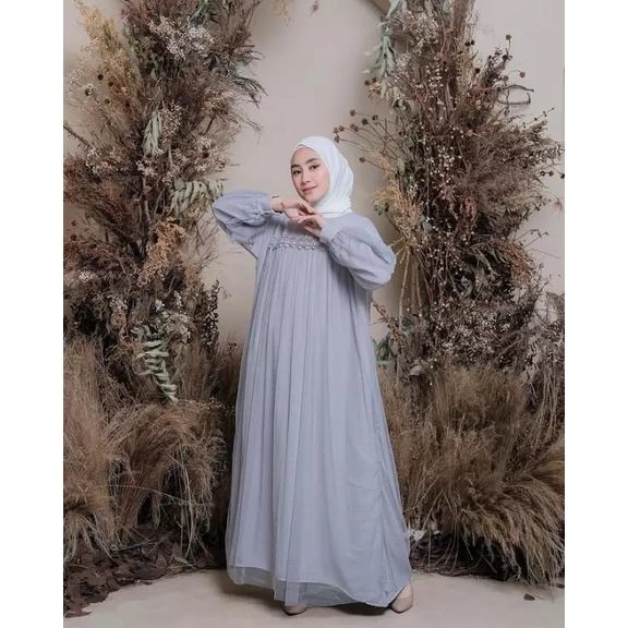 NURAINI MAXI DRESS IMPORT | Gamis Muslim Murah Perempuan BROKAT TILE Cantik RENDA IMPORT TERBARU-Abu