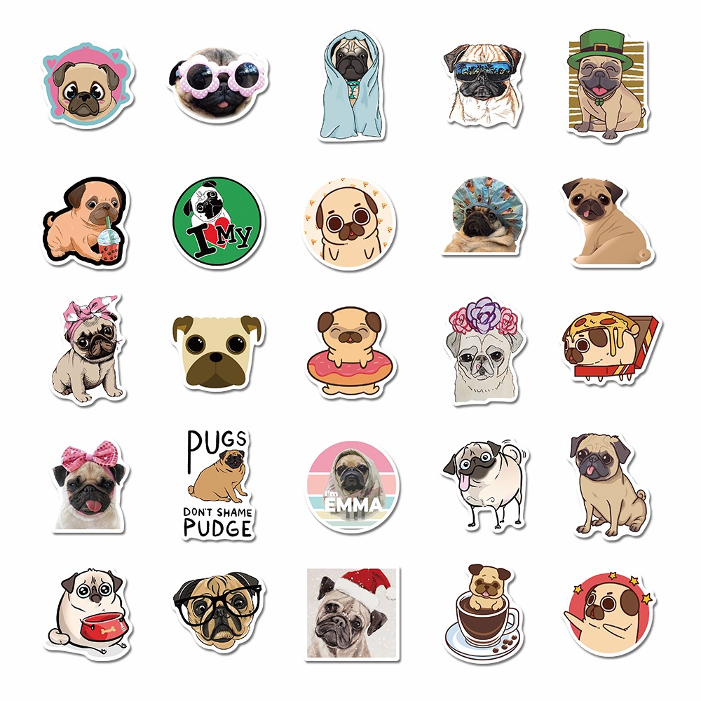 [In stock] 50pcs cute pug cartoon stickers, funny hand account stickers, children's toys, computer waterproof stickers