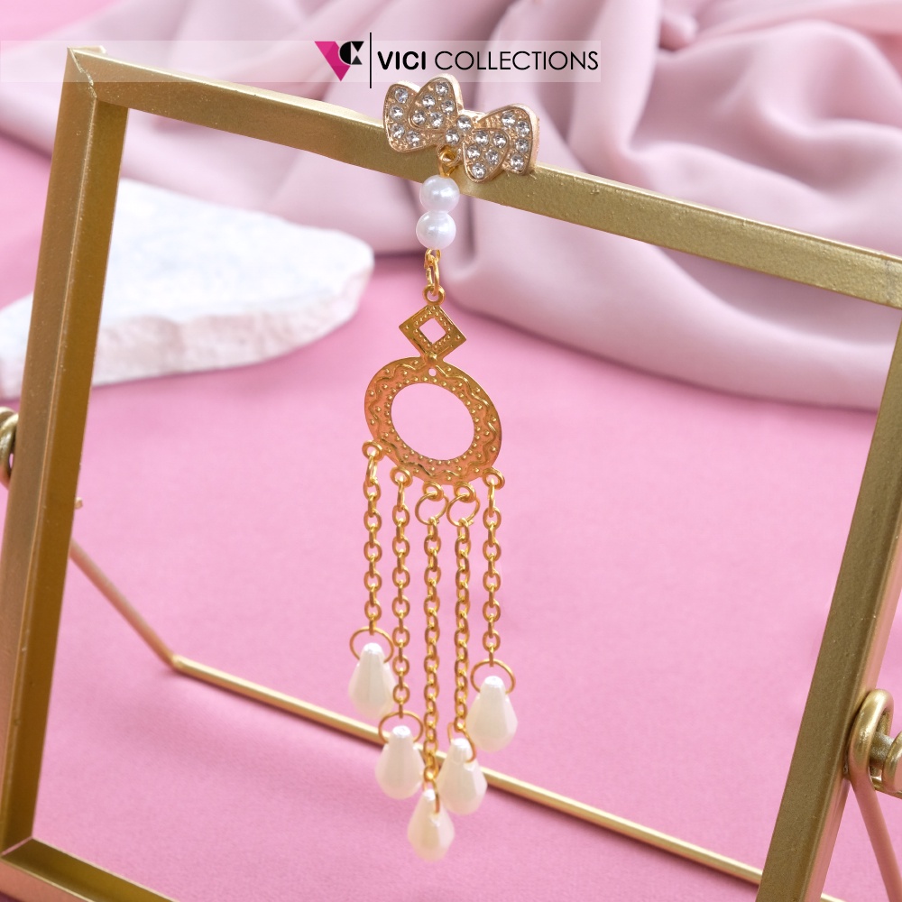 Bros Dagu Hijab / Jibab Juntai Rumbai Rantai Gold Permata Putih Modis BSP254-1