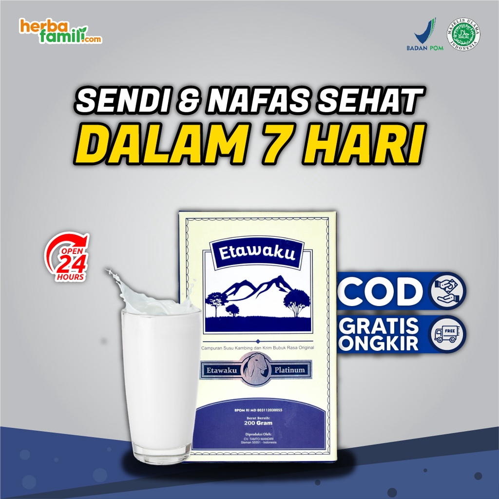 

SUSU ETAWAKU PLATINUM SUSU NYERI SENDI DAN TULANG SERTA PERNAPASAN BUBUK KAMBING ETAWA ASLI