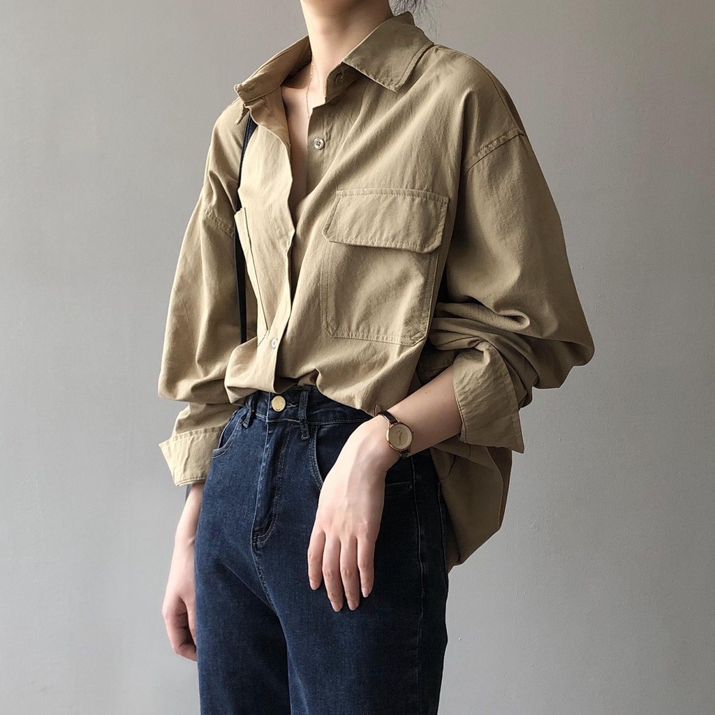 Kemeja Linen Oversize Wanita Pocket / Atasan Cewek Korea Terbaru  92