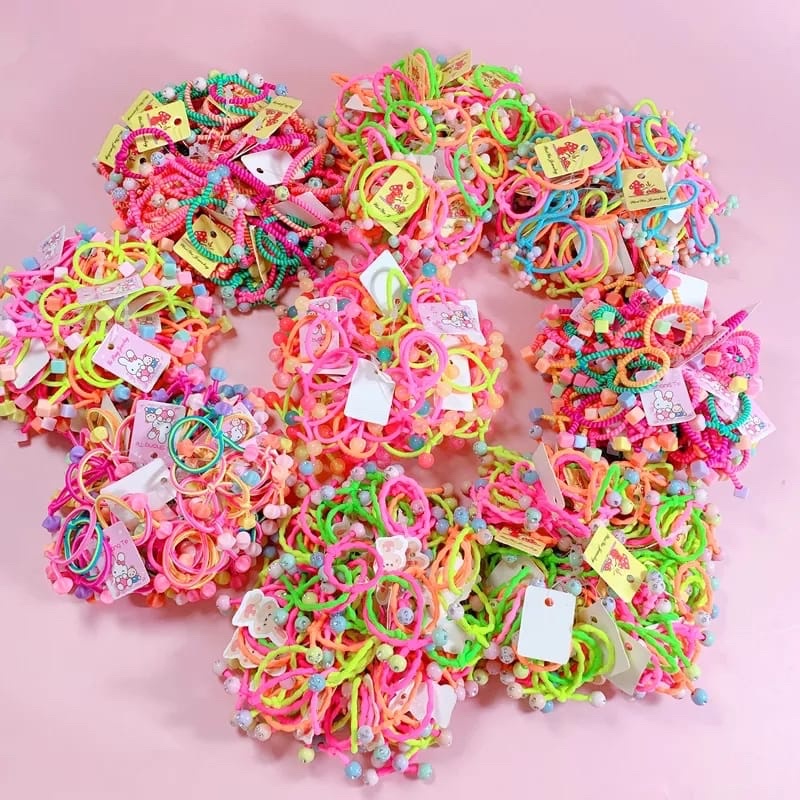 20 Pcs !!! Karet Rambut Ponytail Elastis Warna-Warni Ukuran 3cm Untuk Anak / Ikat Rambut Motif / Kuncir Rambut Elastis aksesoris Rambut Anak