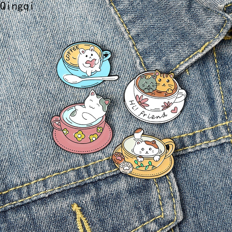 Bros Pin Enamel Bentuk Kartun Kucing Cangkir Kopi Untuk Hadiah