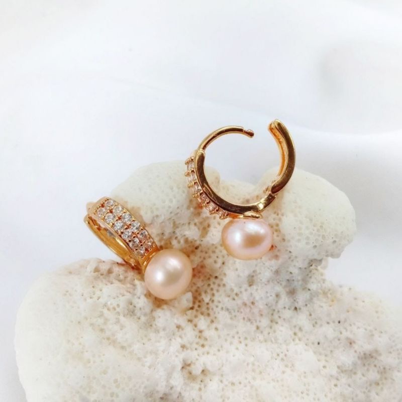 Anting rhodium lapis emas mutiara air tawar asli lombok bersertifikat Anting-anting Giwang mutiara a