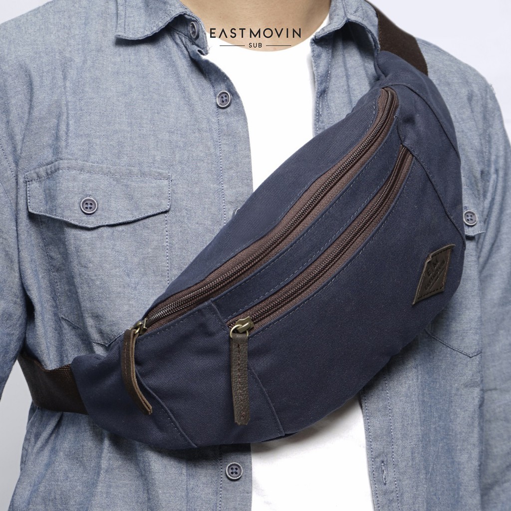 Tas Waistbag Selempang Pinggang IDAHO Biru Navy Kanvas TEBAL Water Repellent &amp; Kulit ASLI