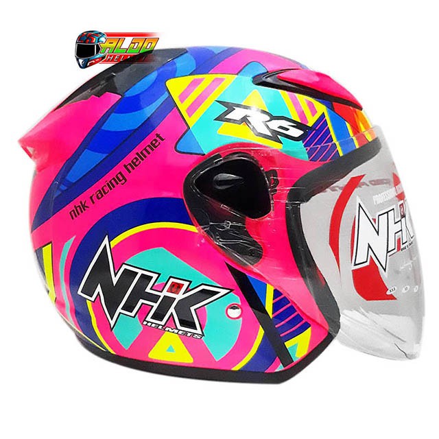 HELM NHK R6 MOTIF PIGMENT PINK FLUO HALF FACE JUAL KYT INK JPX - SIZE M