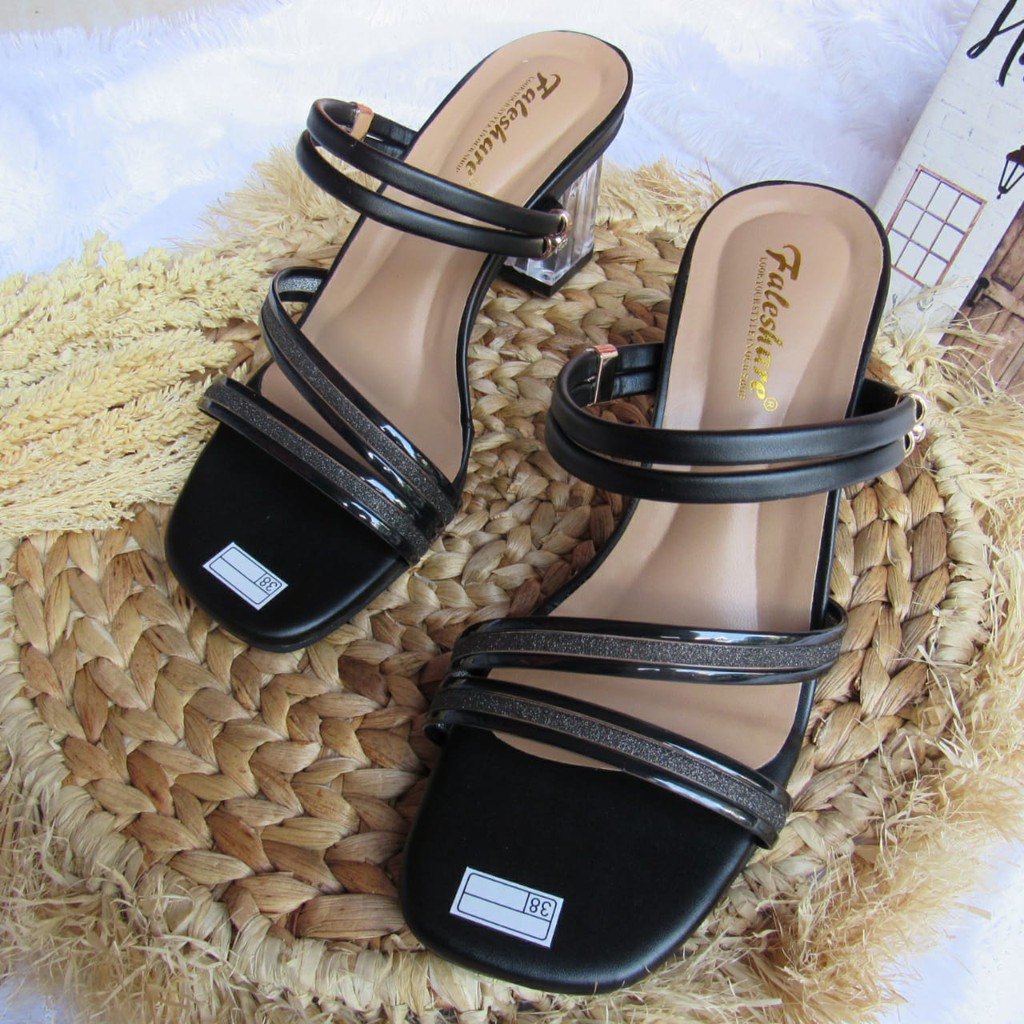 Sandal wanita hak kaca slop tali fashionable