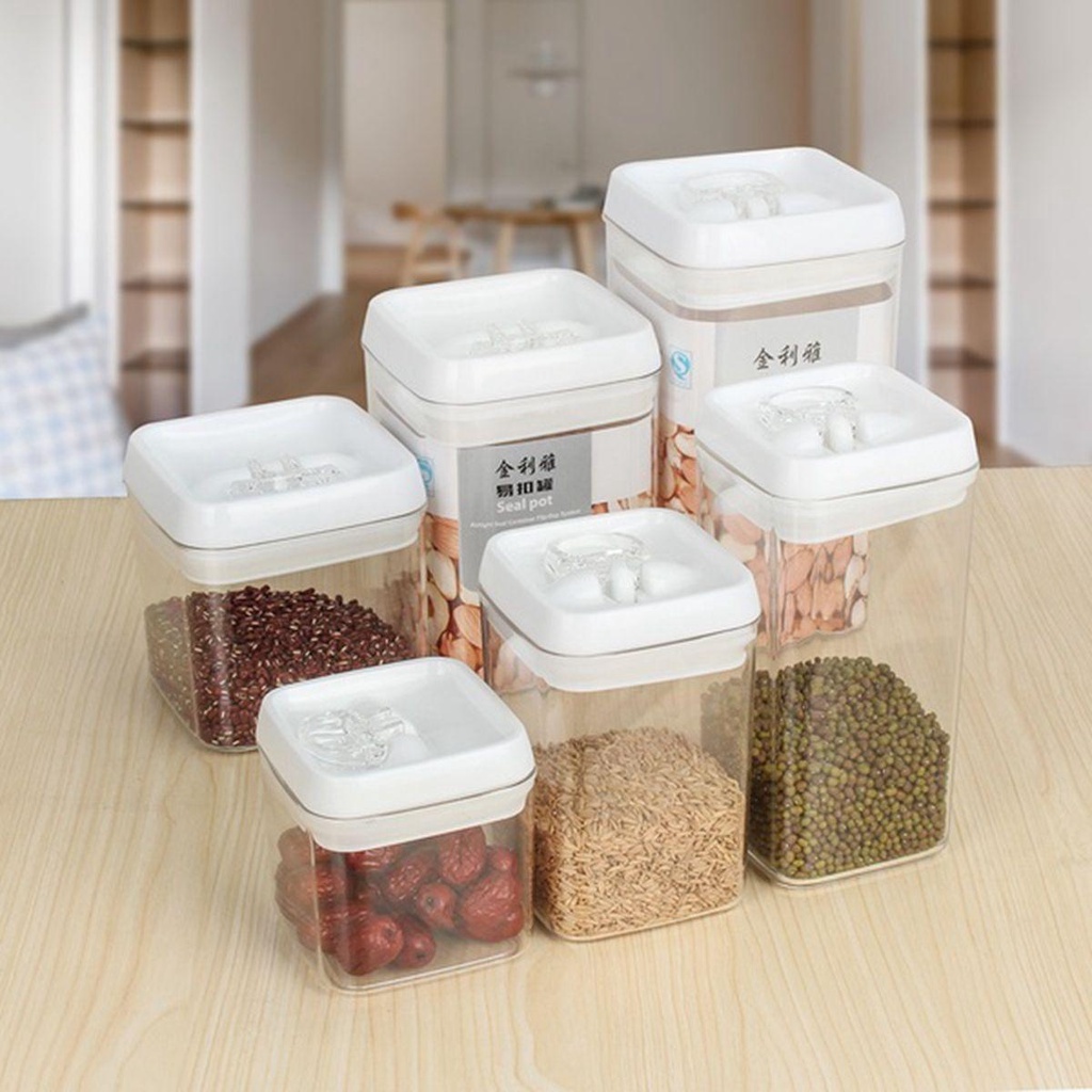QUINTON Kedap Udara Canister 0.5L~2.3L Persegi Transparan Dapur Organizer Kotak Penyimpanan Beras Vacuum Sealed Kaleng