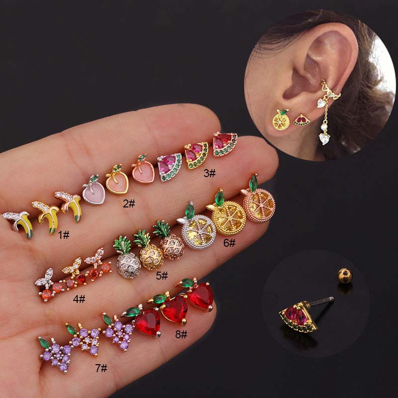 1piece Fruit Shape Upper Lobe Helix Pinna Tragus Piercing Earring Cartilage Stainless Steel 20G 6mm Length
