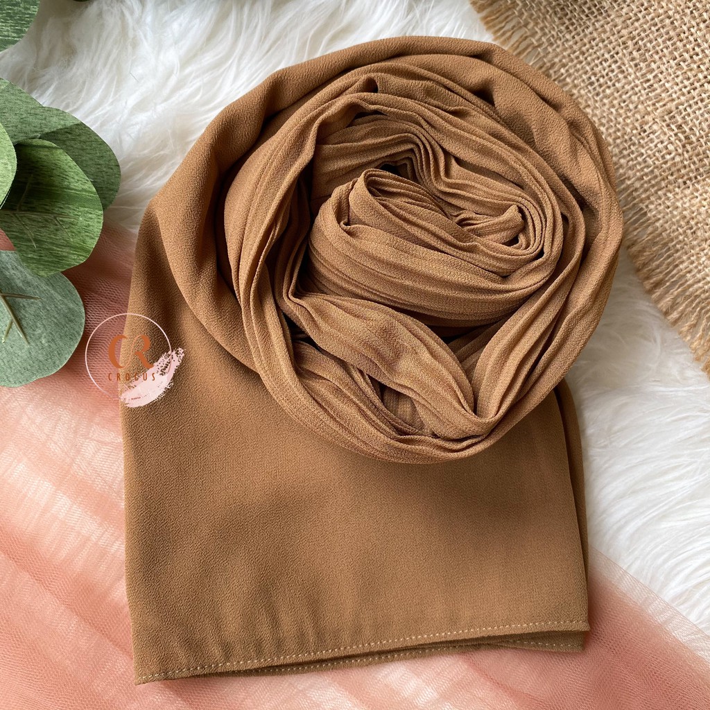 [𝐂𝐫𝐨𝐜𝐮𝐬] (180 * 60cm) Pashmina Plisket Ceruty Baby Doll / Pasmina Pleated Hijab Kerudung-Shawl Full - CAMEL