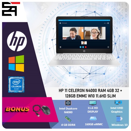 HP 11 CELERON N4000 RAM 4GB 160GB EMMC W10 11.6HD SLIM