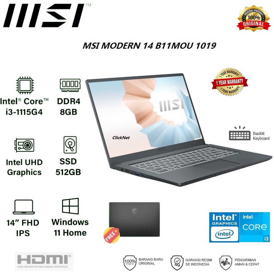 MSI MODERN 14 B11MOU 1019 I3-1115G4 8GB 512GB SSD FHD IPS WIN 11