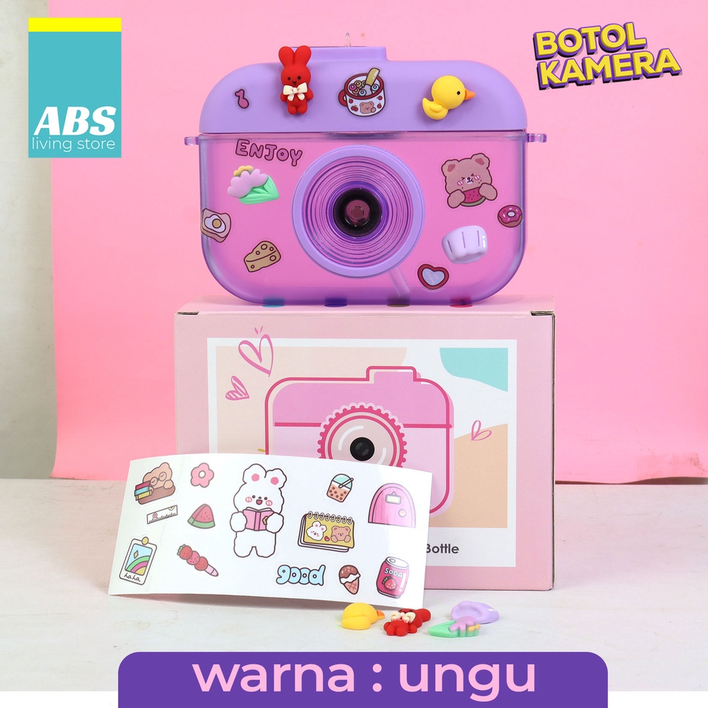 ABS Camera Bottle / Botol Kamera Unik / Botol Minum Anak Free Sticker Karakter 400ml BPA FREE-Ungu