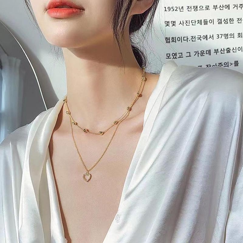 Kalung Choker Rantai Klavikula Liontin Hati Lapisan Ganda Bahan Alloy Untuk Wanita