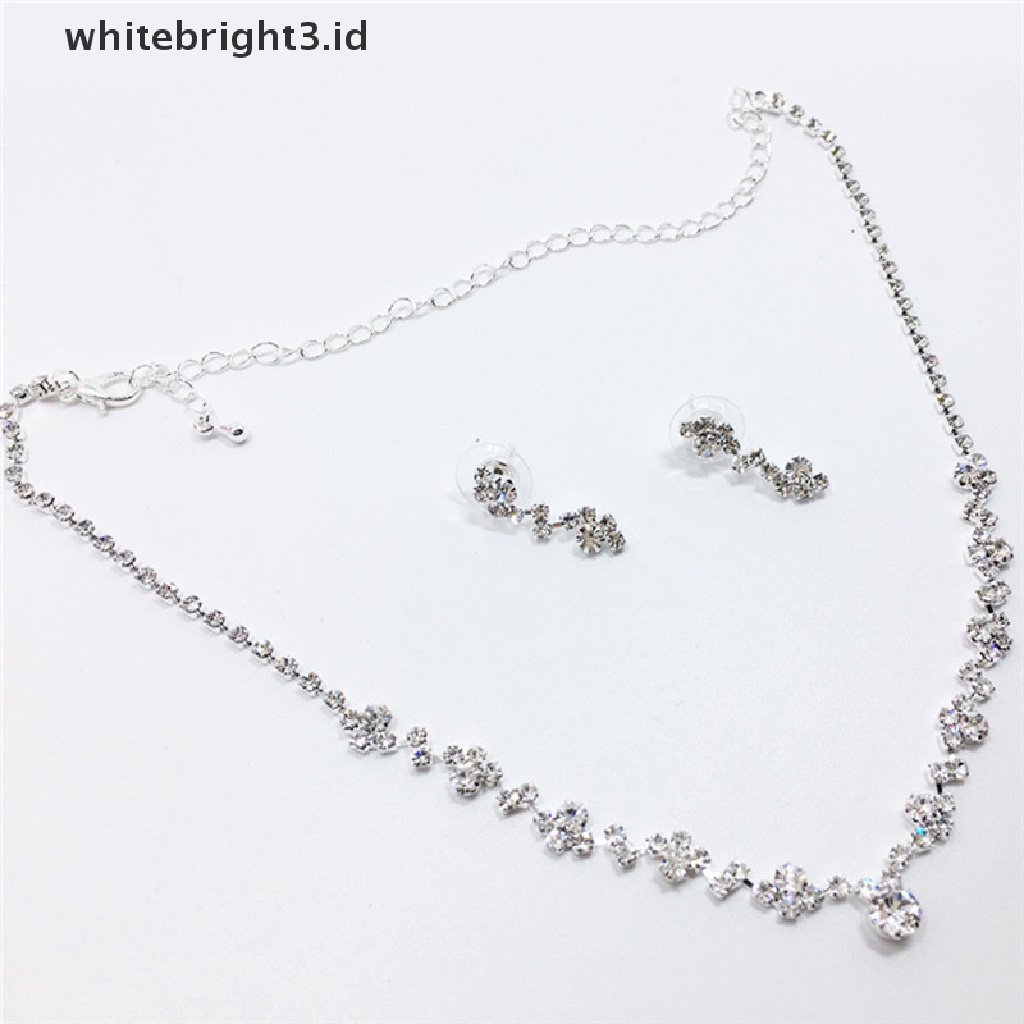 {whitebright3.id} Silver Bridesmaid Crystal Necklace Earrings Set Wedding Bridal Jewelry Jewellery ,