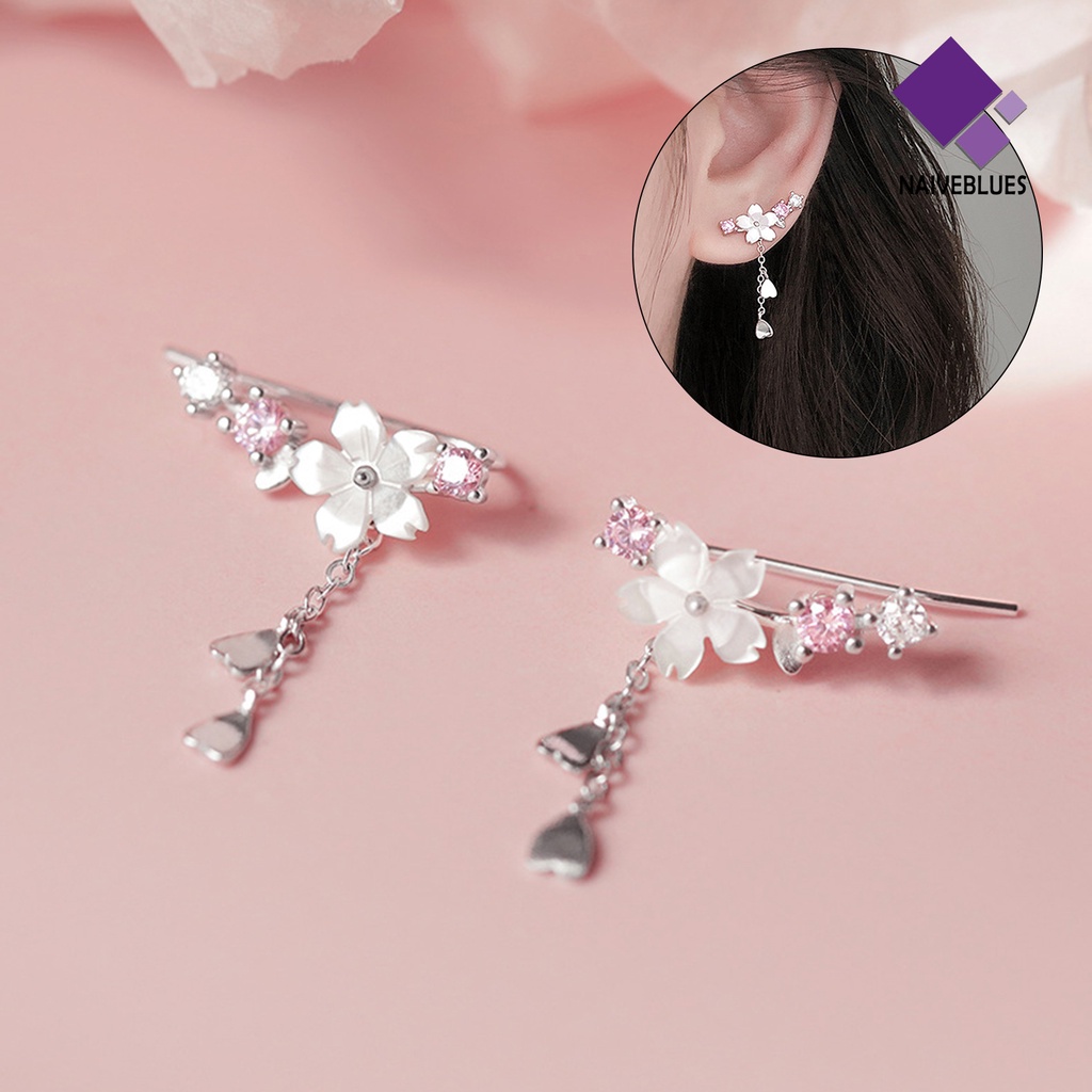 1 Pasang Anting Kait Gantung Bentuk Hati Cherry Blossom Bahan Alloy Aksen Berlian Imitasi