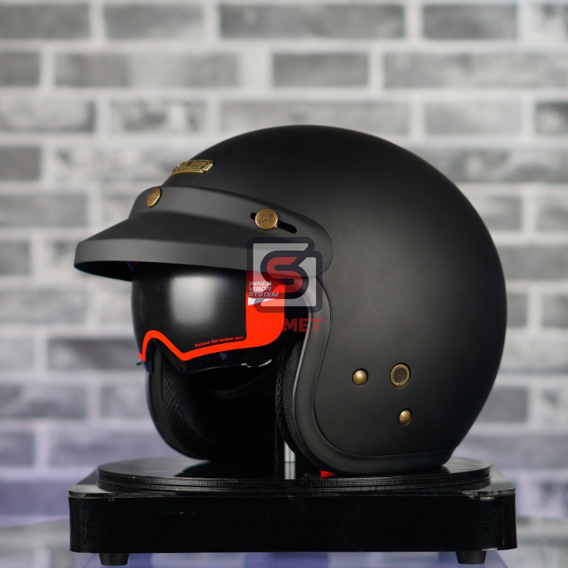 Helm NJS NX-2 NX2 Original Dewasa Premium Retro Inner Visor Paket Kaca Datar Atau Cembung-Hitam Doff